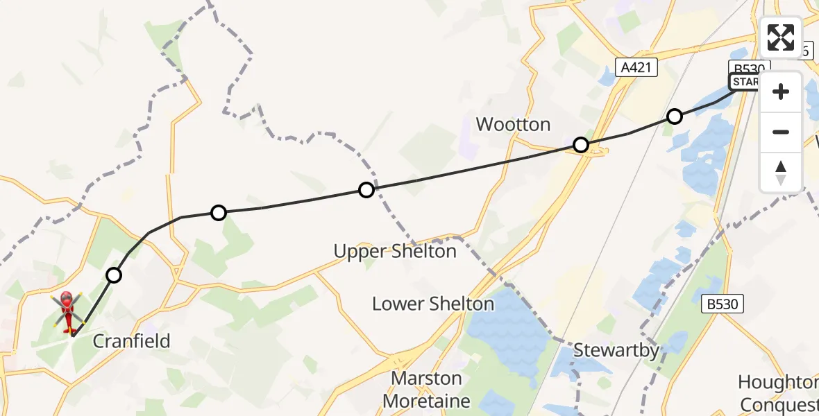 Flight route Air Ambulance Helicopter Elstow - Cranfield Airport, 19 June 2026, 17:16