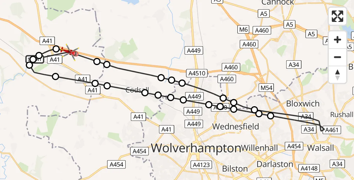 Flight route Air Ambulance Helicopter RAF Cosford - Cosford, 19 June 2026, 17:29