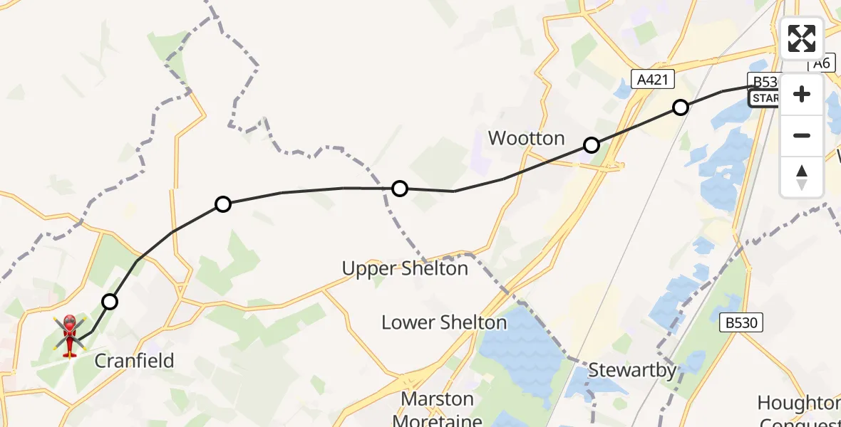 Flight route Air Ambulance Helicopter Elstow - Cranfield Airport, 19 June 2026, 17:32