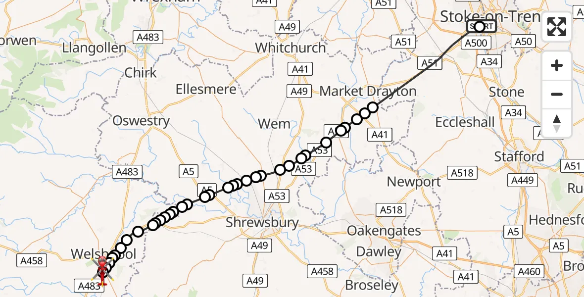 Flight route Air Ambulance Helicopter University Hospital North Staffs - Welshpool Airport, 19 June 2026, 17:43