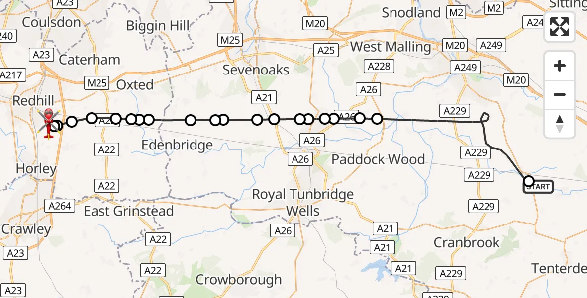 Flight route Air Ambulance Helicopter Headcorn Aerodrome - Redhill Aerodrome, 19 June 2026, 17:46