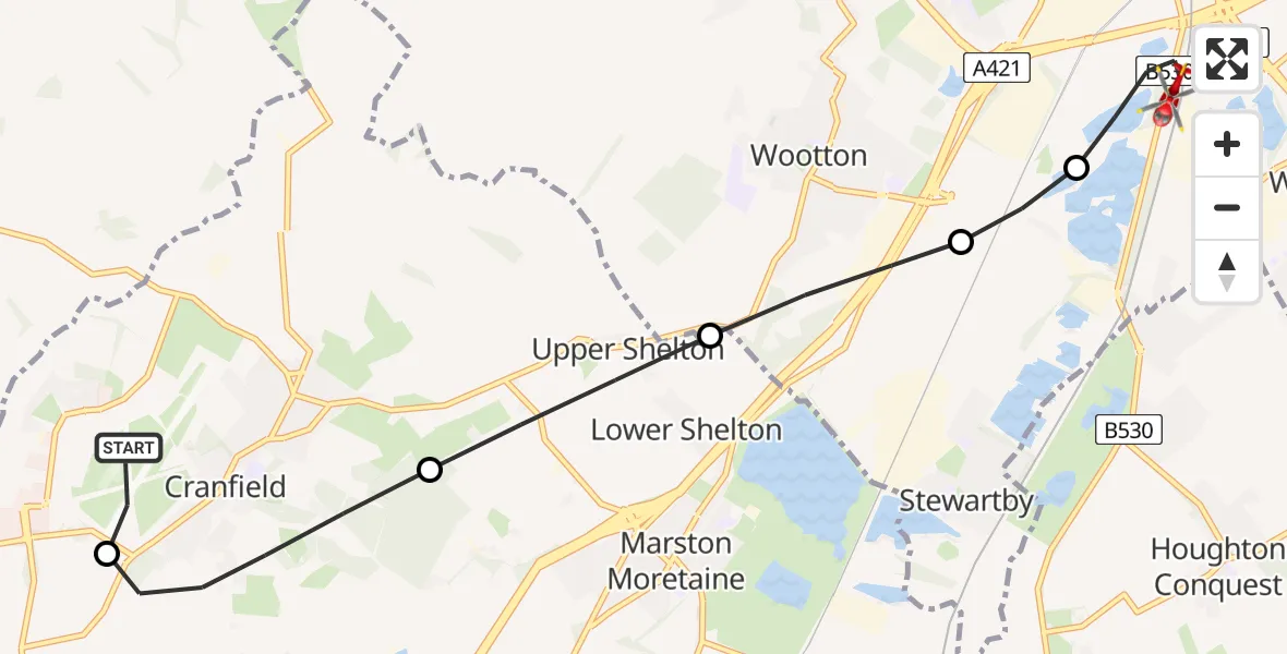 Flight route Air Ambulance Helicopter Cranfield Airport - Elstow, 19 June 2026, 17:51