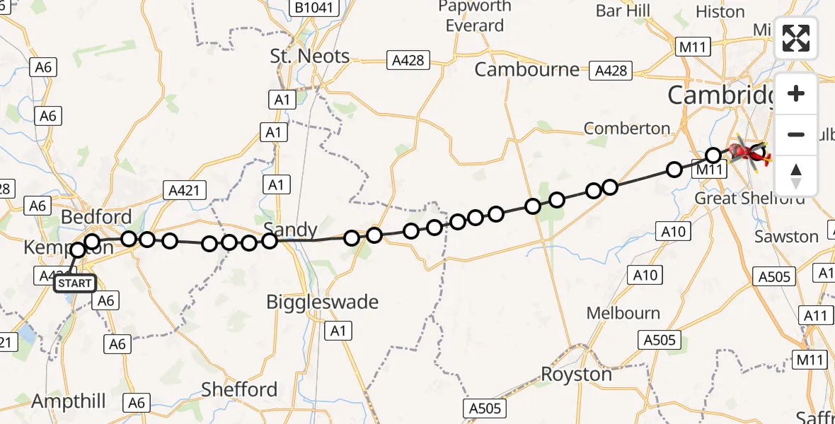 Flight route Air Ambulance Helicopter Elstow - Papworth Hospital, 19 June 2026, 17:51