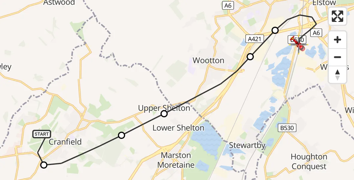 Flight route Air Ambulance Helicopter Cranfield Airport - Elstow, 19 June 2026, 17:56
