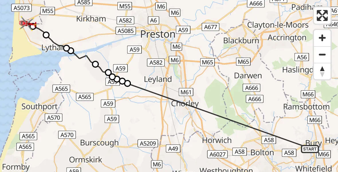 Flight route Air Ambulance Helicopter Bury - Blackpool Airport, 19 June 2026, 18:05