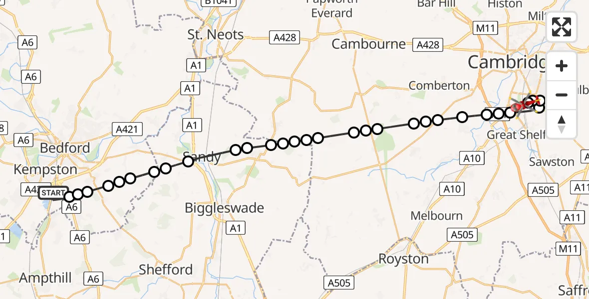 Flight route Air Ambulance Helicopter Elstow - Papworth Hospital, 19 June 2026, 18:32