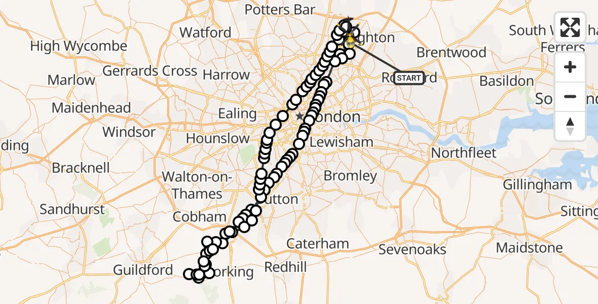 Flight route Police Helicopter Romford - Sewardstonebury, 19 June 2026, 18:41
