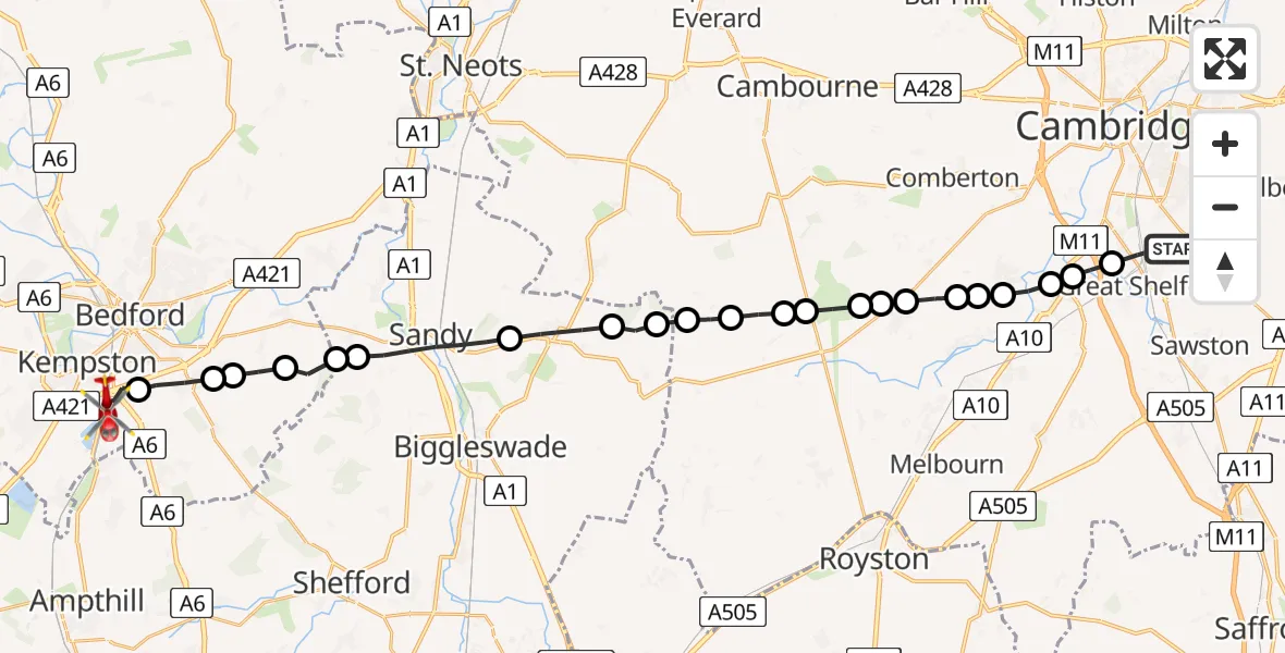 Flight route Air Ambulance Helicopter Great Shelford - Elstow, 19 June 2026, 18:42
