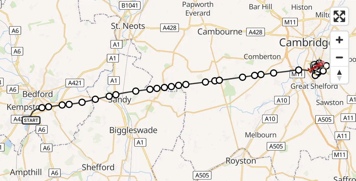 Flight route Air Ambulance Helicopter Elstow - Addenbrooke's Hospital Helipad, 19 June 2026, 18:45