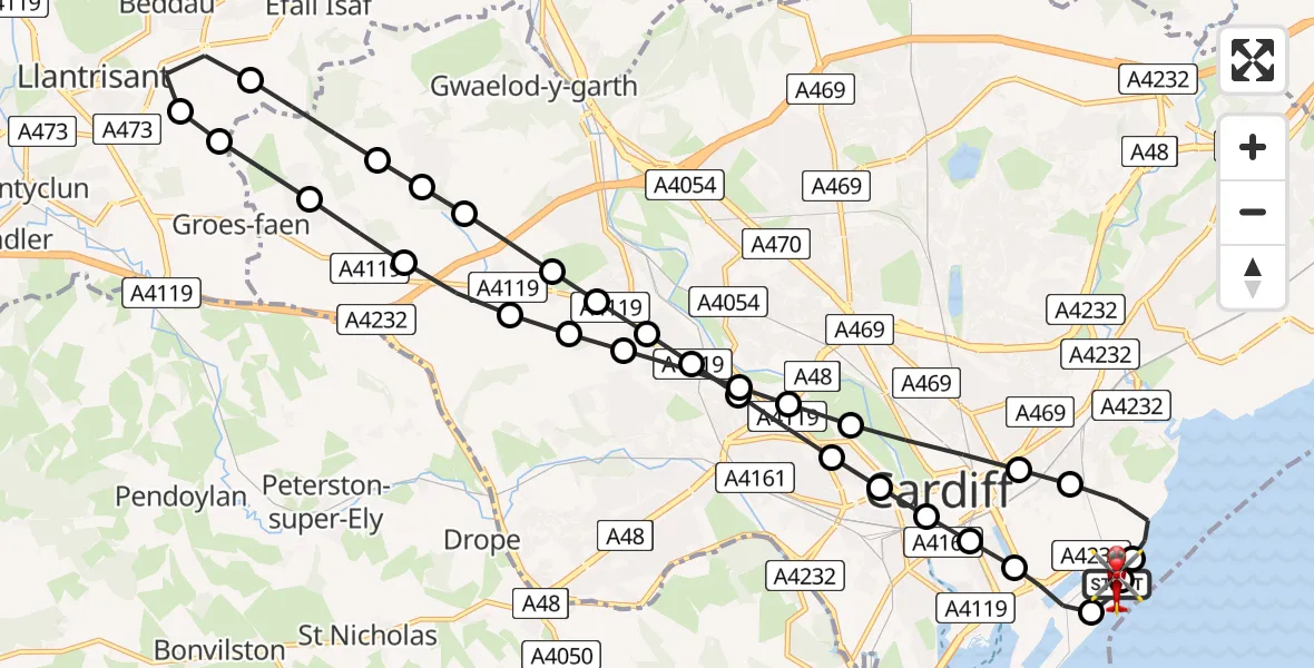 Flight route Air Ambulance Helicopter Cardiff Heliport - Cardiff Heliport, 19 June 2026, 18:45