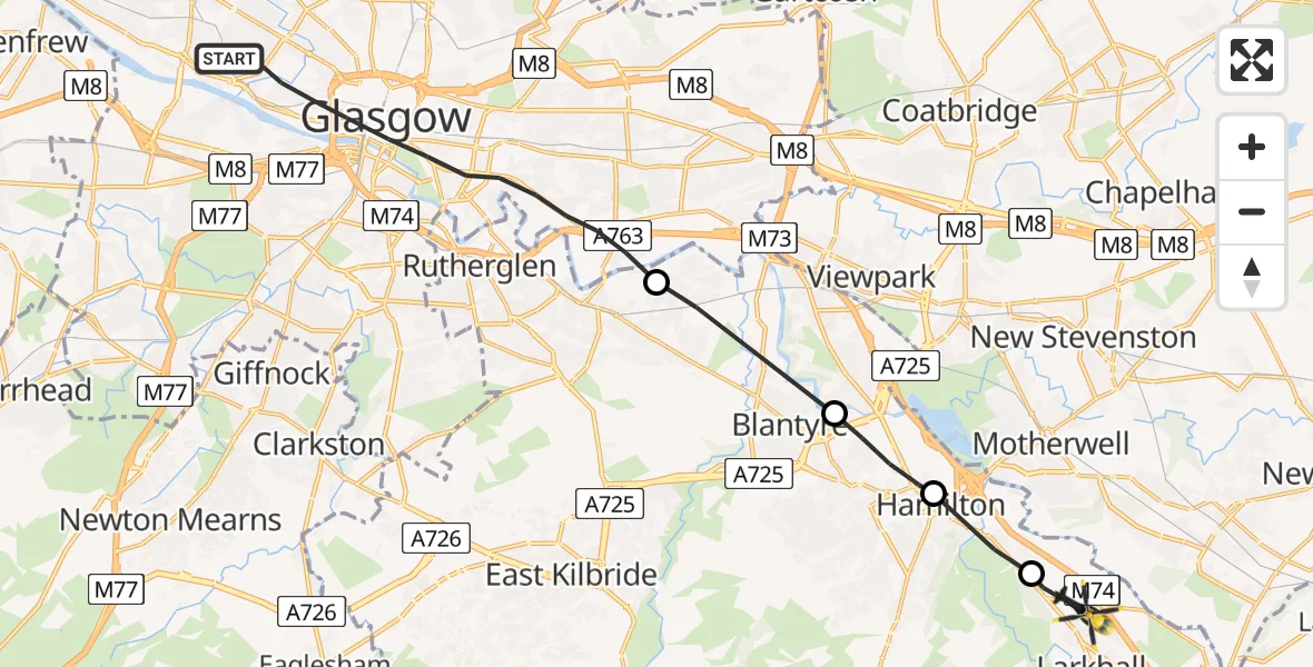 Flight route Police Helicopter Glasgow - Larkhall, 19 June 2026, 18:50