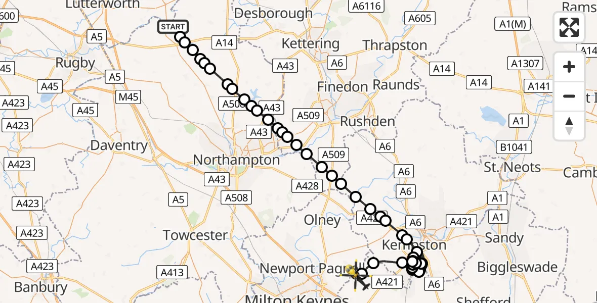 Flight route Police Helicopter Welford - Cranfield Airport, 19 June 2026, 19:04