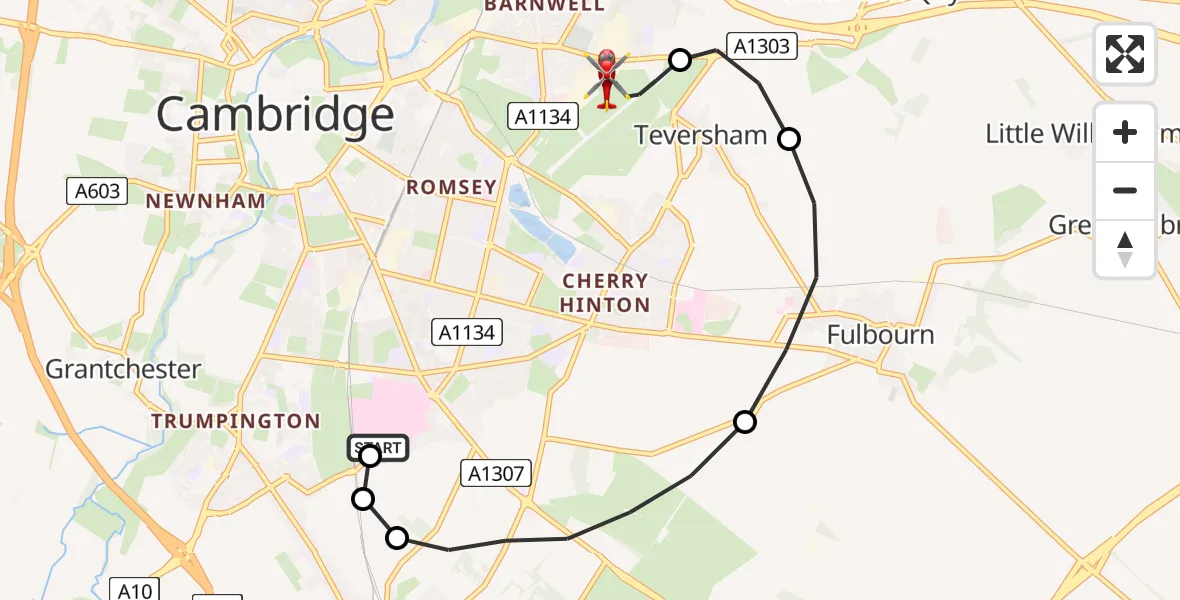 Flight route Air Ambulance Helicopter Papworth Hospital - Cambridge City Airport, 19 June 2026, 19:08