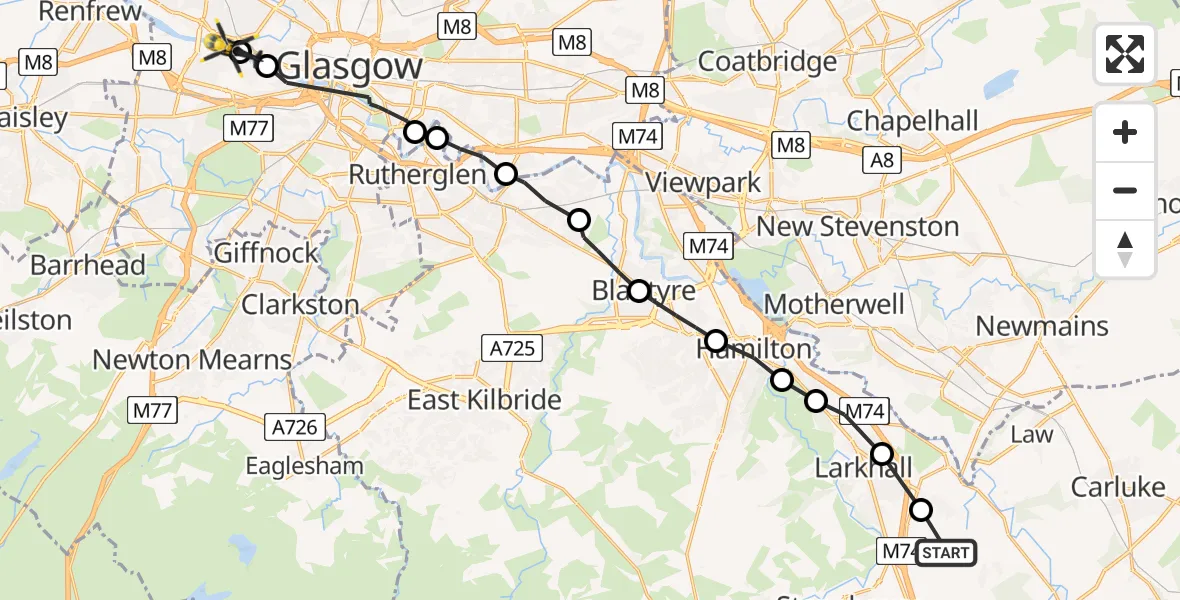 Flight route Police Helicopter Ashgill - Glasgow, 19 June 2026, 19:10