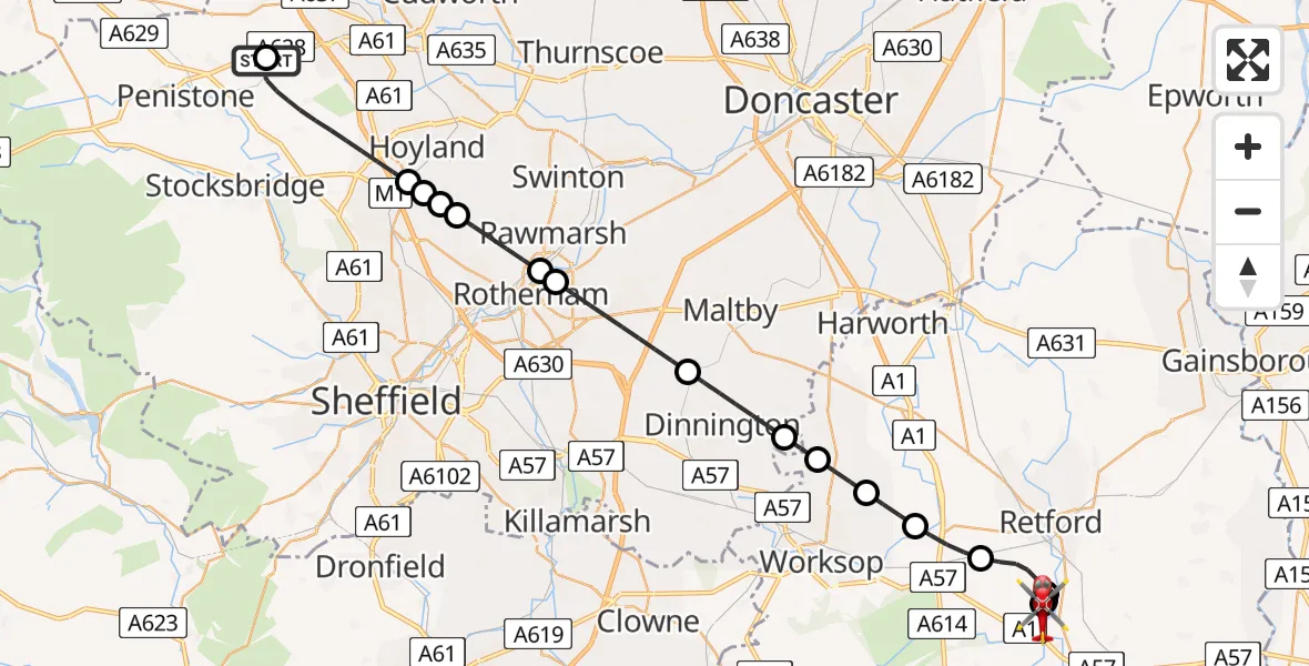Flight route Air Ambulance Helicopter Barnsley - Retford Gamston Airport, 19 June 2026, 19:14