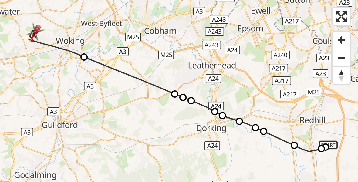 Flight route Air Ambulance Helicopter Redhill Aerodrome - Woking, 19 June 2026, 19:27