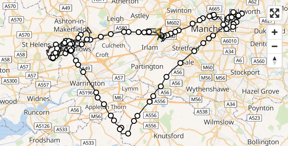 Flight route Police Helicopter Irlam - Manchester Barton Aerodrome, 19 June 2026, 19:28