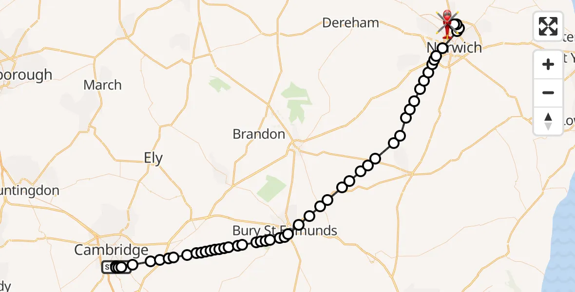 Flight route Air Ambulance Helicopter Papworth Hospital - Norwich Airport, 19 June 2026, 19:28