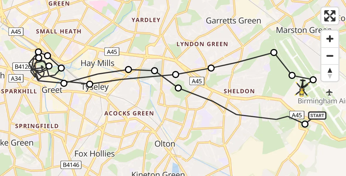 Flight route Police Helicopter Birmingham Airport - Birmingham Airport, 19 June 2026, 19:34