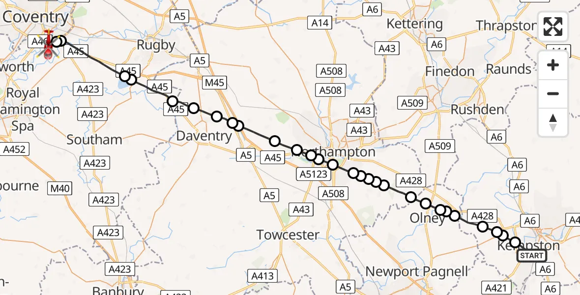 Flight route Air Ambulance Helicopter Kempston - Warwick, 19 June 2026, 19:39