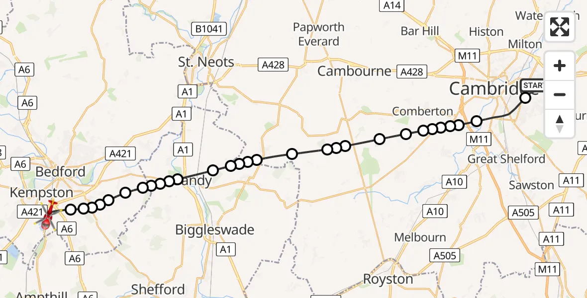 Flight route Air Ambulance Helicopter Cambridge City Airport - Elstow, 19 June 2026, 19:45