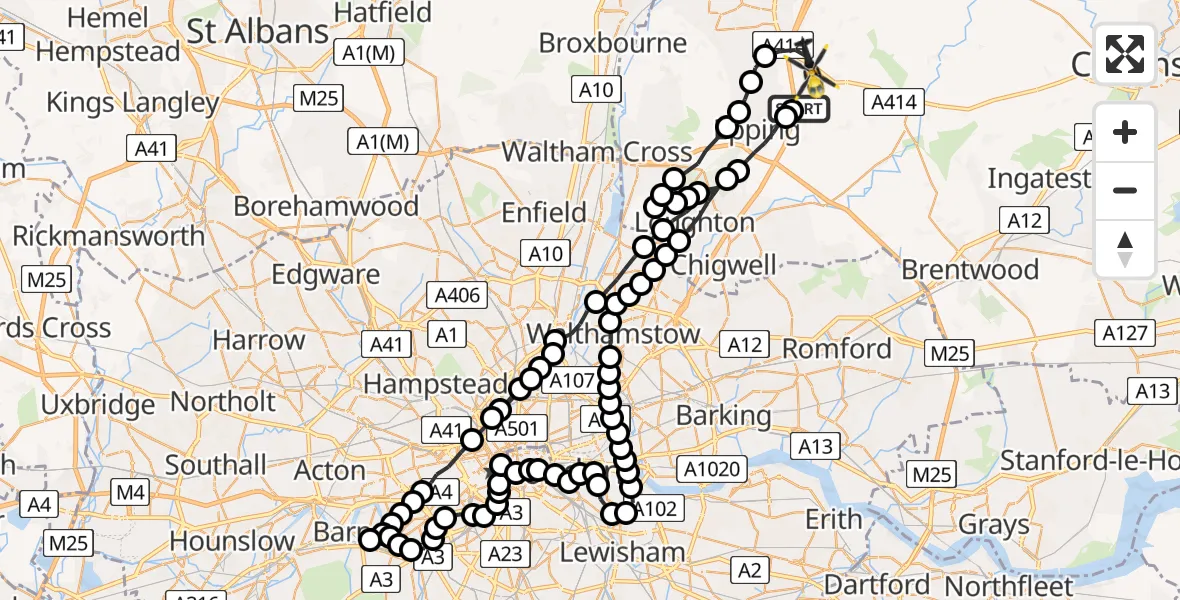 Flight route Police Helicopter North Weald Airfield - North Weald Bassett, 19 June 2026, 19:52