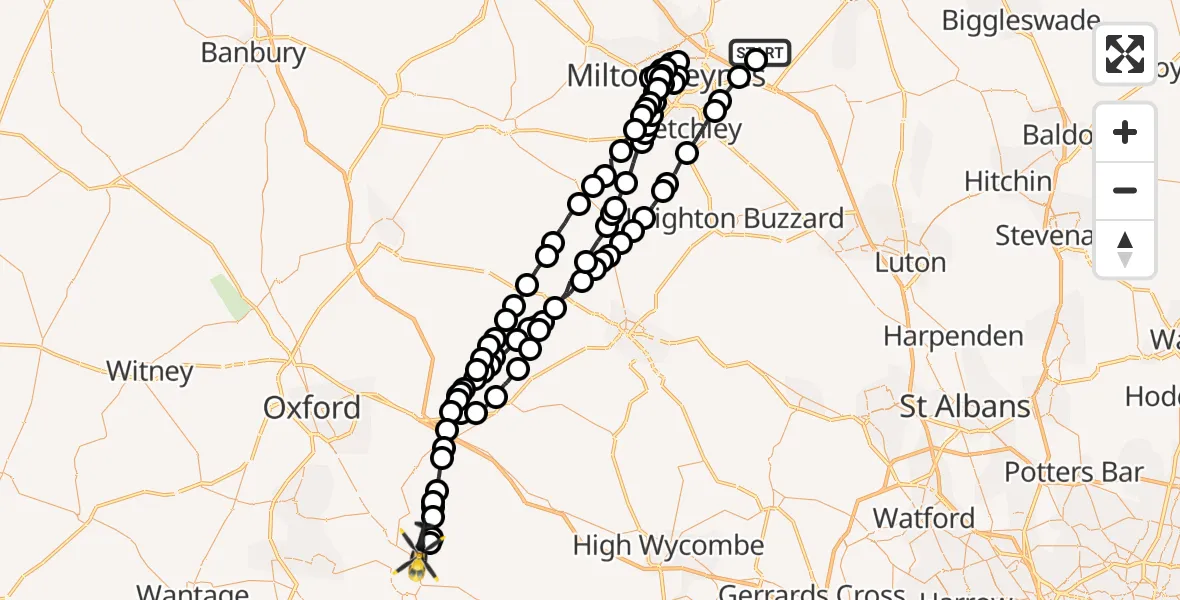 Flight route Police Helicopter Cranfield Airport - Berrick Salome, 19 June 2026, 19:57