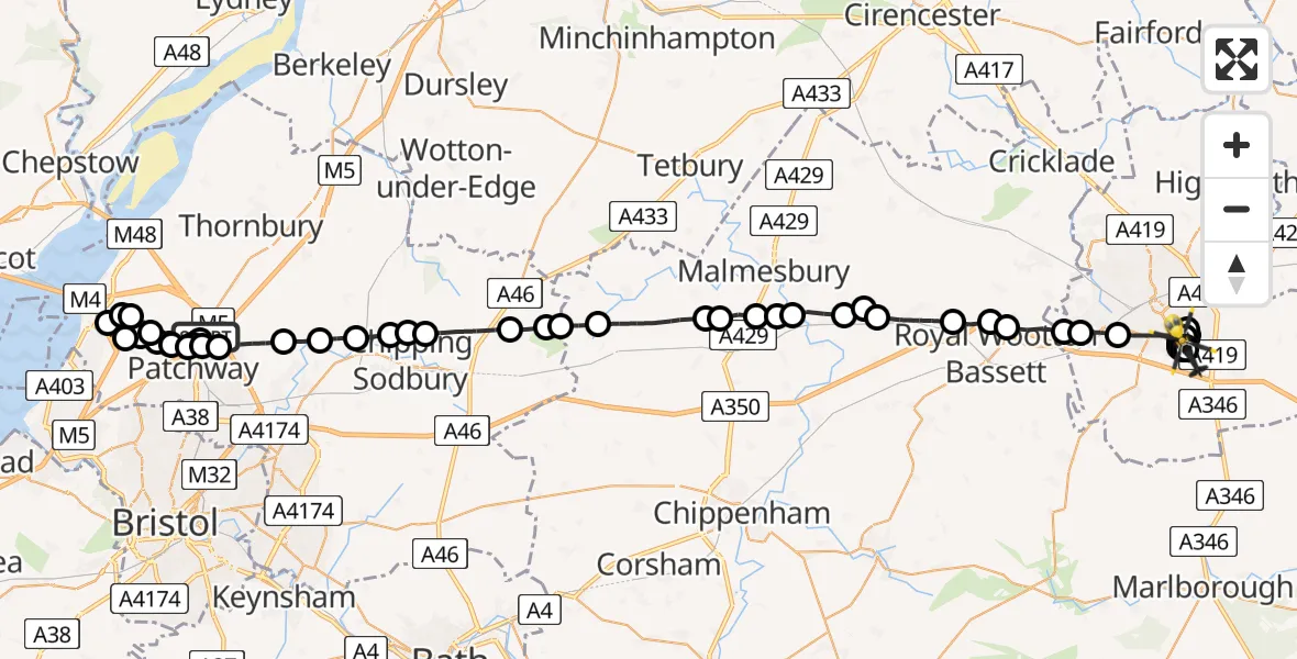 Flight route Police Helicopter Almondsbury Helicopter Base - Badbury Park, 19 June 2026, 20:02