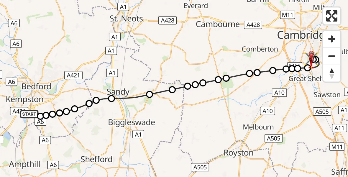 Flight route Air Ambulance Helicopter Elstow - Papworth Hospital, 19 June 2026, 20:04