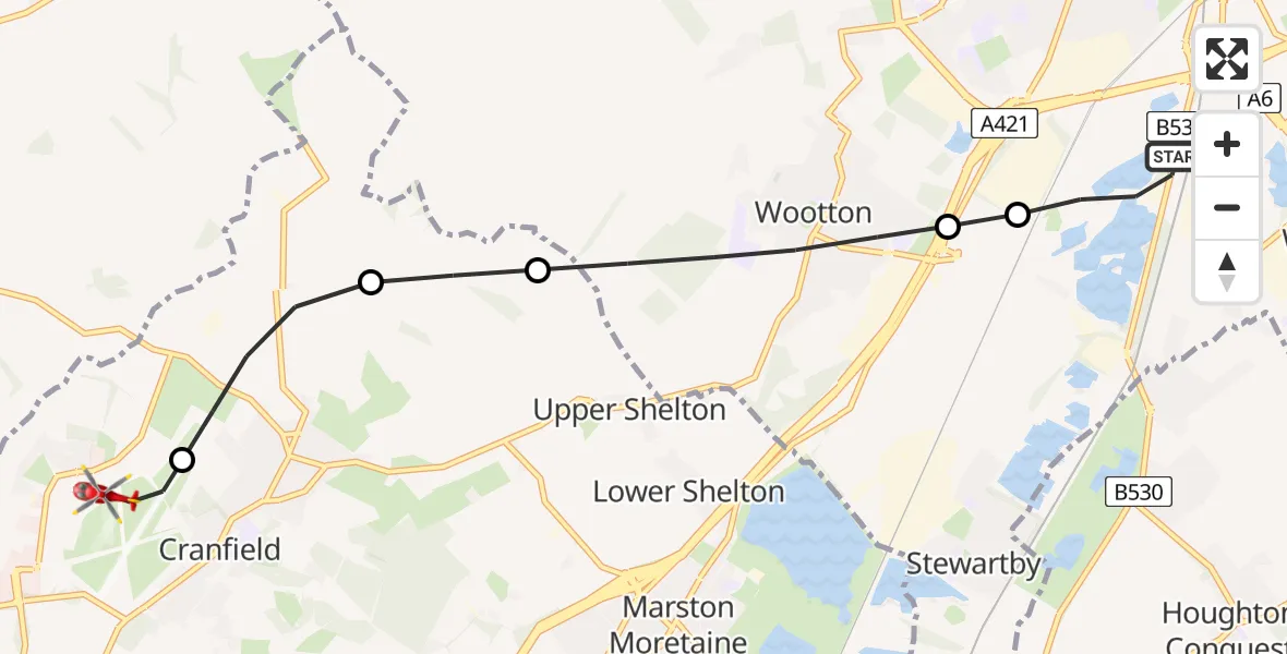 Flight route Air Ambulance Helicopter Elstow - Cranfield Airport, 19 June 2026, 20:07