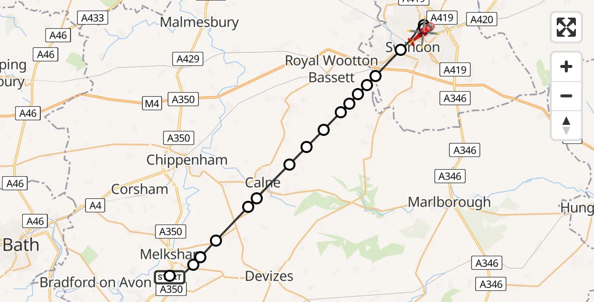 Flight route Air Ambulance Helicopter Wiltshire Air Ambulance - Swindon, 19 June 2026, 20:16