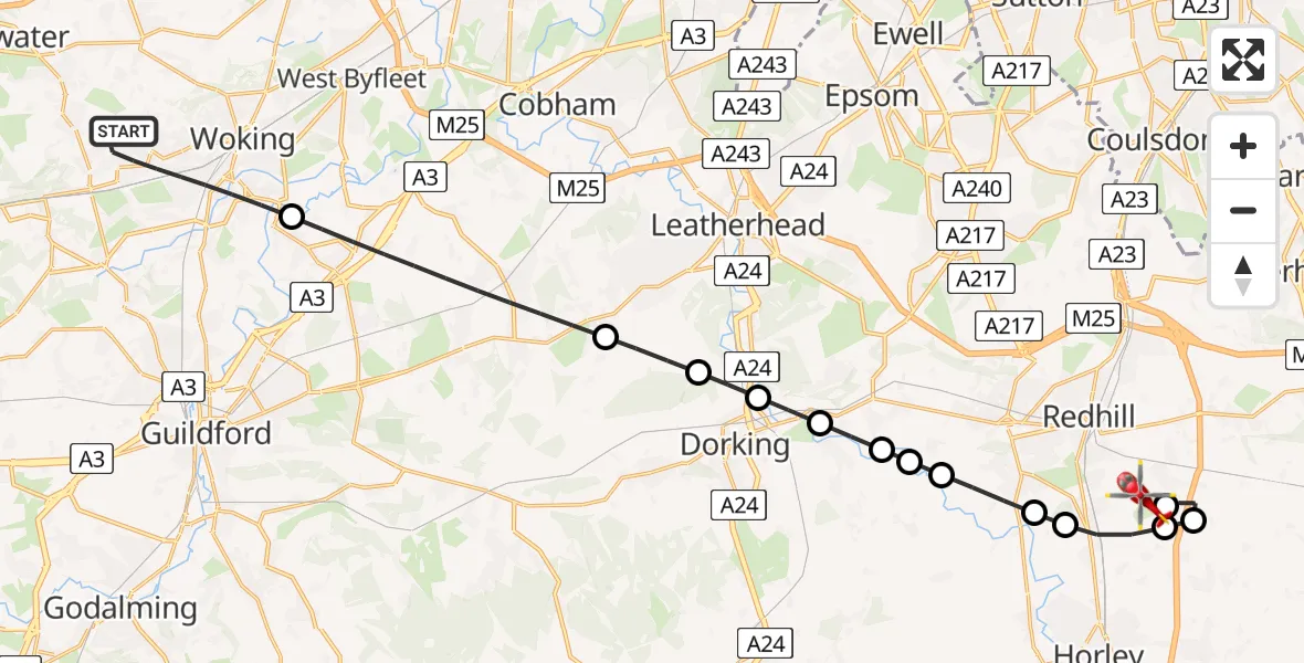 Flight route Air Ambulance Helicopter Woking - Redhill Aerodrome, 19 June 2026, 20:21