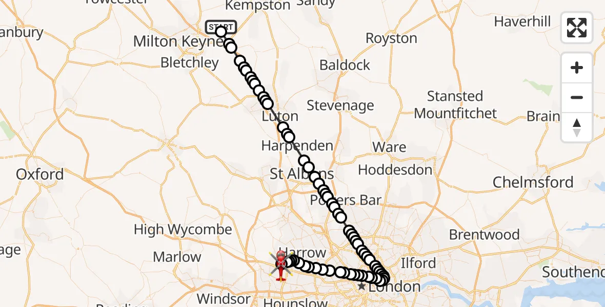 Flight route Air Ambulance Helicopter Cranfield Airport - RAF Northolt, 19 June 2026, 20:30