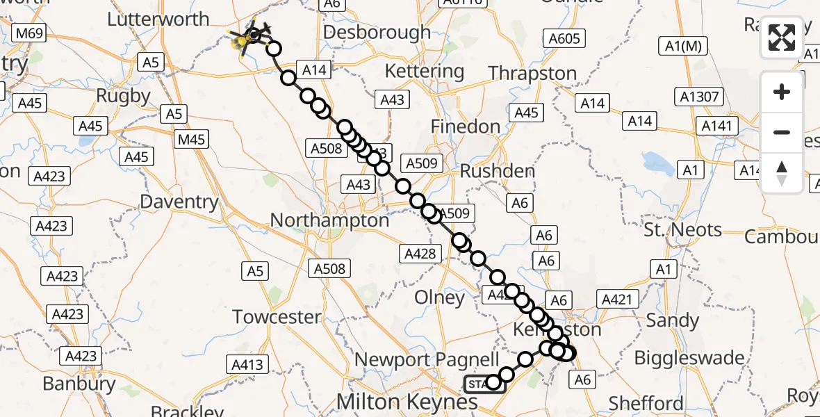 Flight route Police Helicopter Cranfield Airport - Sulby, 19 June 2026, 20:30