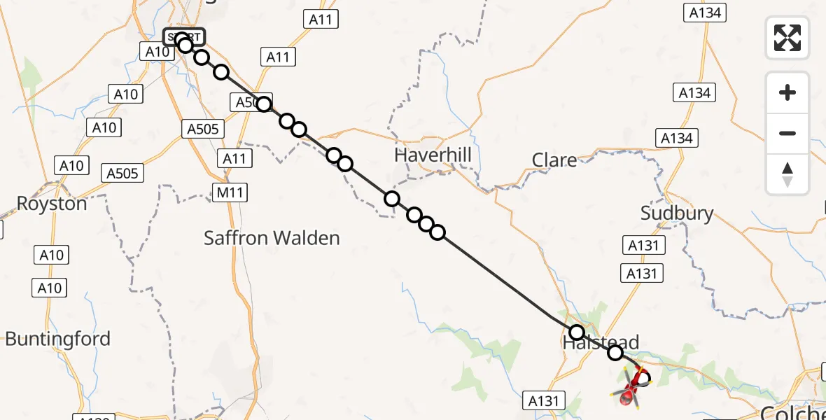 Flight route Air Ambulance Helicopter Papworth Hospital - Earls Colne Airfield, 19 June 2026, 20:41