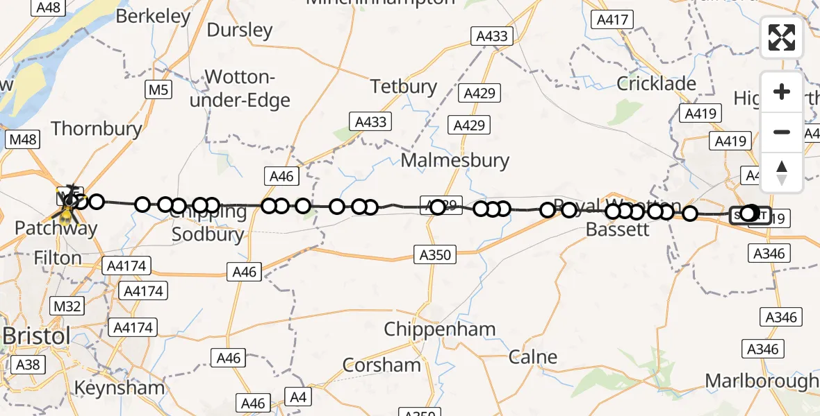Flight route Police Helicopter Swindon - Almondsbury Helicopter Base, 19 June 2026, 21:02