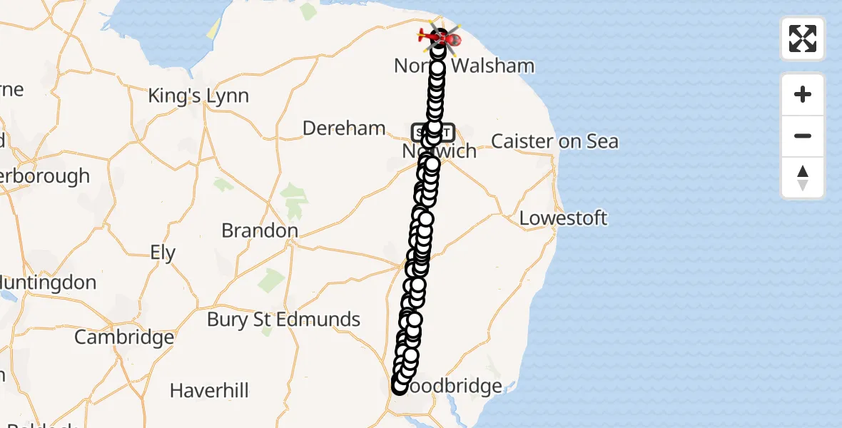 Flight route Air Ambulance Helicopter Norwich Airport - Metton, 19 June 2026, 21:08