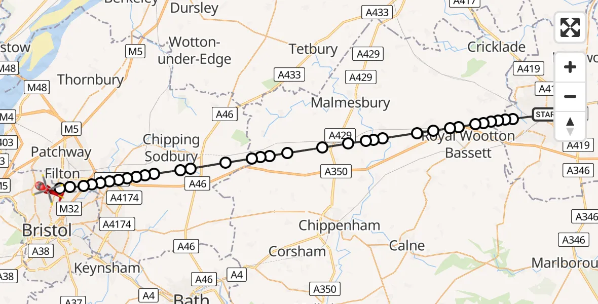 Flight route Air Ambulance Helicopter Swindon - Bristol, 19 June 2026, 21:15