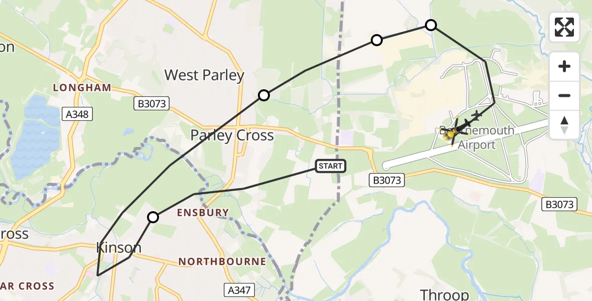 Flight route Police Helicopter Parley Cross - Bournemouth Airport, 19 June 2026, 21:23