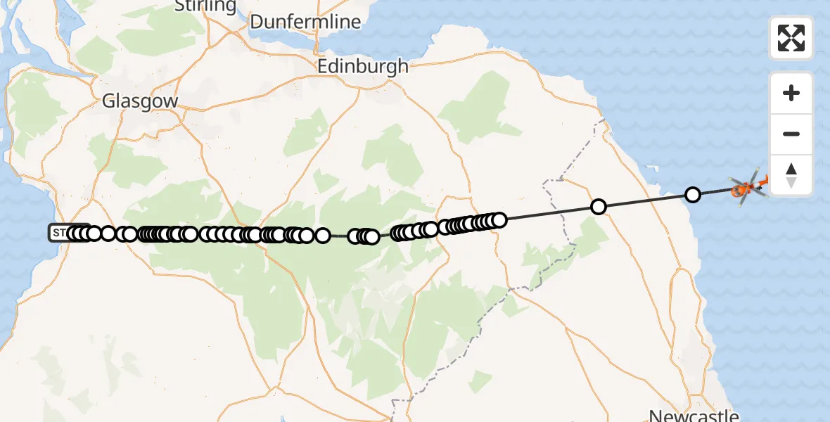 Flight route Coastguard Helicopter Glasgow Prestwick Airport - North Sea, 19 June 2026, 21:32