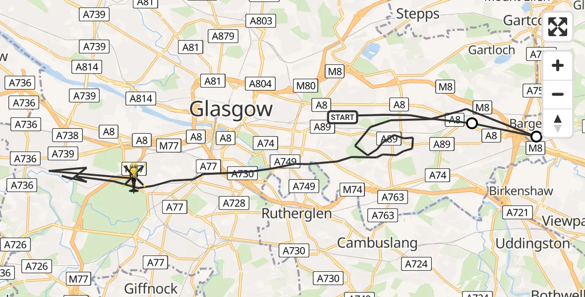 Flight route Police Helicopter Glasgow - Glasgow, 19 June 2026, 21:39