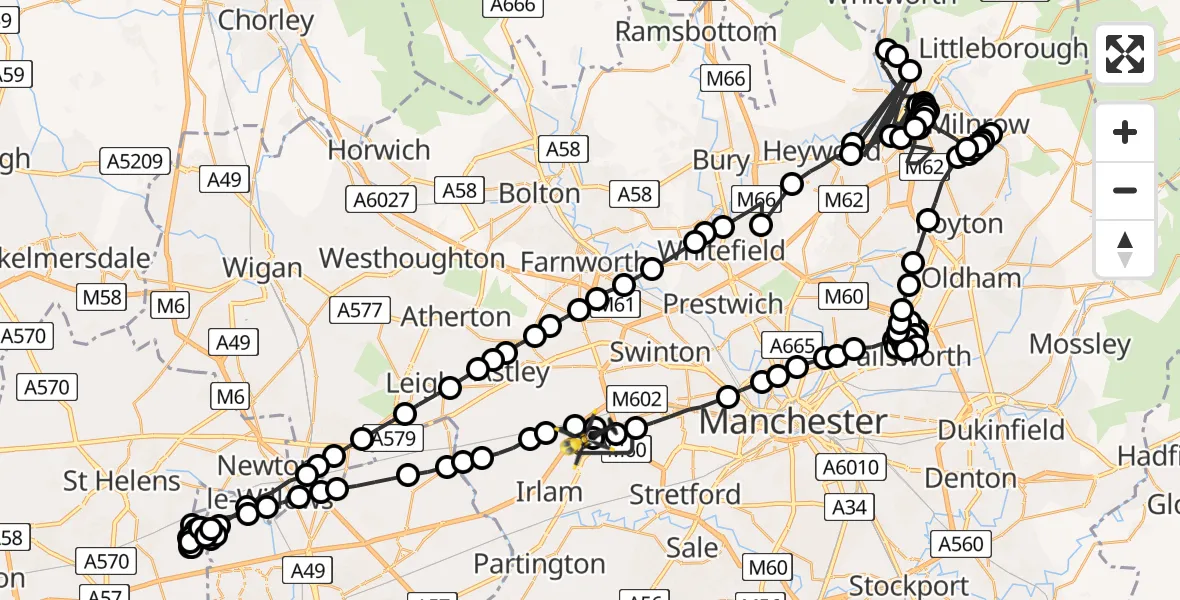 Flight route Police Helicopter Manchester Barton Aerodrome - Manchester Barton Aerodrome, 19 June 2026, 21:40