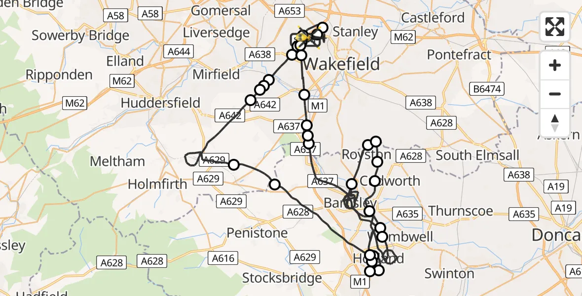 Flight route Police Helicopter East Ardsley - East Ardsley, 19 June 2026, 21:54