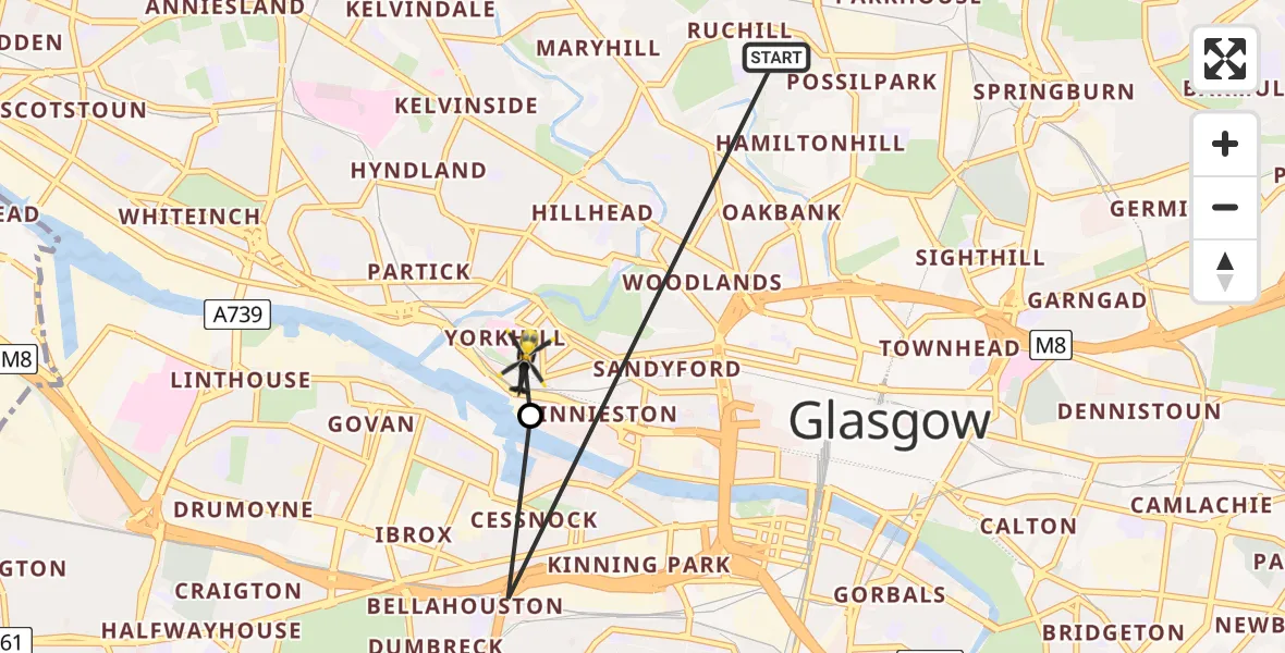 Flight route Police Helicopter Glasgow - Glasgow City Heliport, 19 June 2026, 22:13