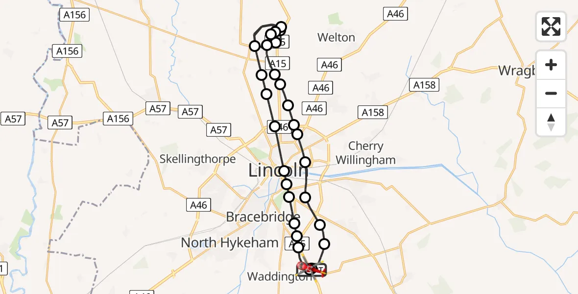 Flight route Air Ambulance Helicopter RAF Waddington - North Kesteven, 19 June 2026, 22:16