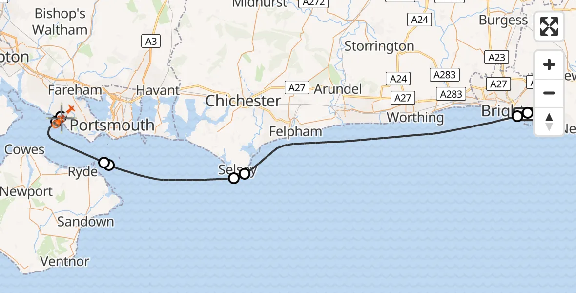 Flight route Coastguard Helicopter Brighton - Solent Airport, 19 June 2026, 22:16