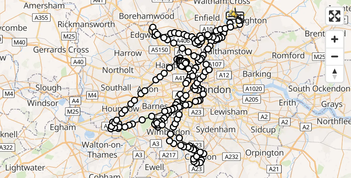 Flight route Police Helicopter Sewardstonebury - Metropolitan Police Air Support Unit Lippitts Hill, 19 June 2026, 22:23