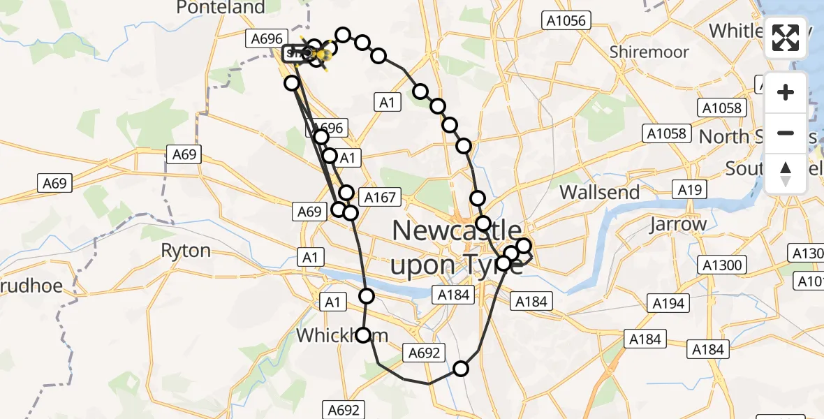 Flight route Police Helicopter Newcastle International Airport - Newcastle International Airport, 19 June 2026, 22:27