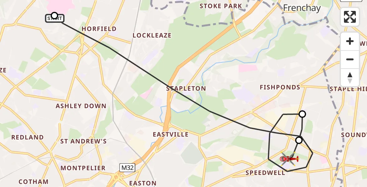 Flight route Air Ambulance Helicopter Southmead Hospital - Bristol, 19 June 2026, 22:29
