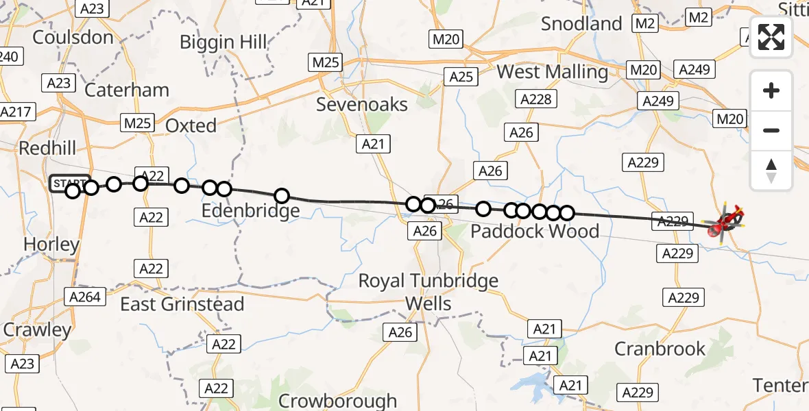 Flight route Air Ambulance Helicopter Redhill Aerodrome - Maidstone, 19 June 2026, 22:48